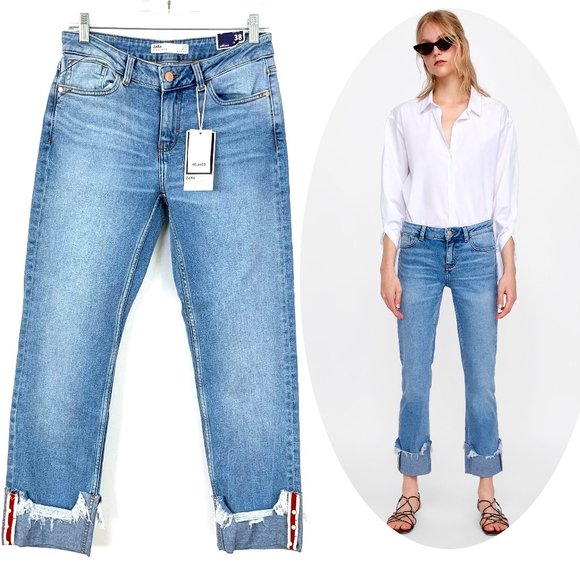 Zara Denim - New Zara Distressed Denim Ankle Pearl Cuff Jeans 6